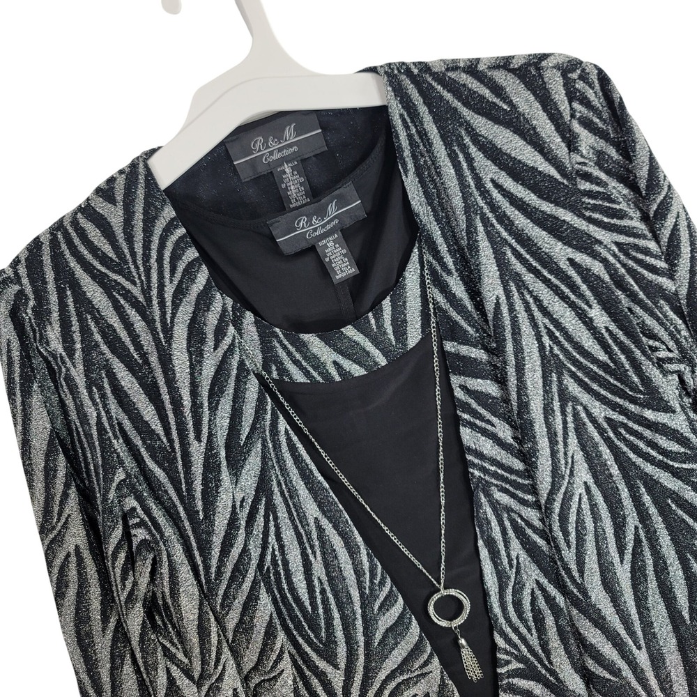 R&M Richards 2PC Set Jacket Top Necklace Black Silver Zebra 9457J Womens 16